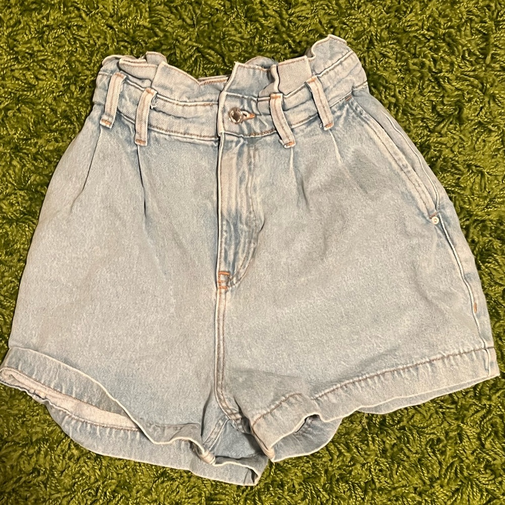 Zara light wash high waisted paper bag shorts